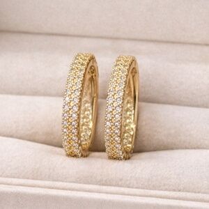 14k gold earrings, oval hoops 1.25 inch, diamond pave setting, hypoallergenic